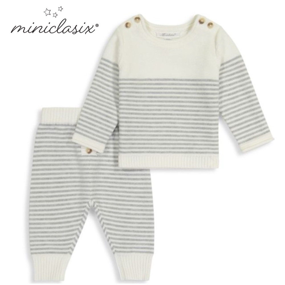 Miniclasix Baby Boy’s Sweater and Jogger Set - Cream and Gray Stripes